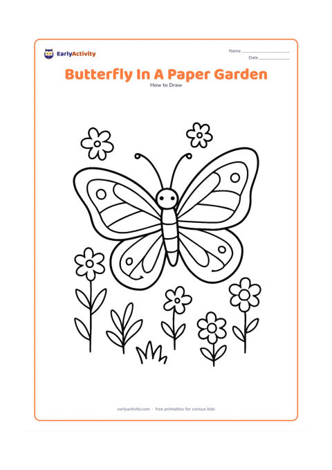 Worksheet: Show a large butterfly surrounded by a small handmade-looking garden of flowers, leaves, grass and three simple paper-like flower shapes arranged around it. Give the butterfly open wings…