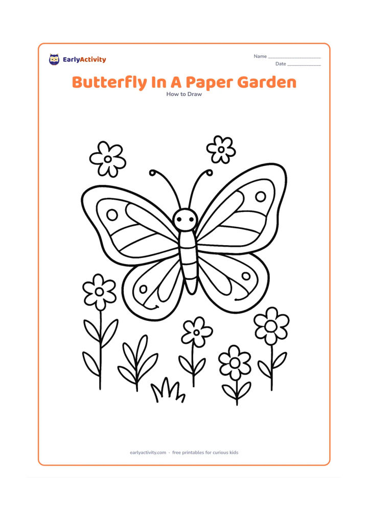 Worksheet: Show a large butterfly surrounded by a small handmade-looking garden of flowers, leaves, grass and three simple paper-like flower shapes arranged around it. Give the butterfly open wings…