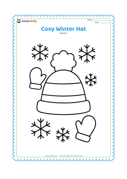 Colouring page: A large knitted winter hat sits at the centre with a fluffy pom-pom and a simple striped band. Surround it with a few large snowflakes and two small mittens.