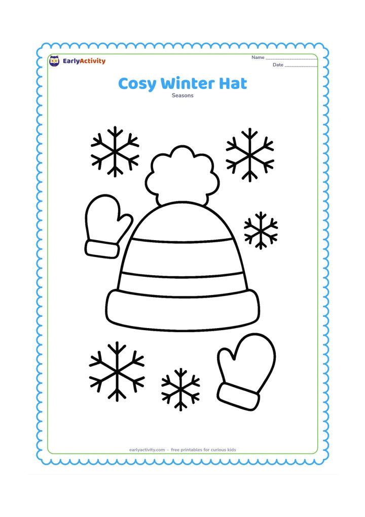 Colouring page: A large knitted winter hat sits at the centre with a fluffy pom-pom and a simple striped band. Surround it with a few large snowflakes and two small mittens.