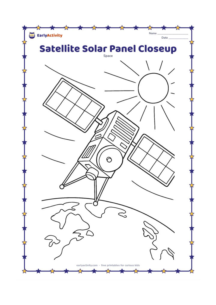 Colouring page: Draw a close view of a satellite with large segmented solar panels, a central equipment body, thermal strips, a dish antenna, camera lenses, and thin support arms. Place the satellite…