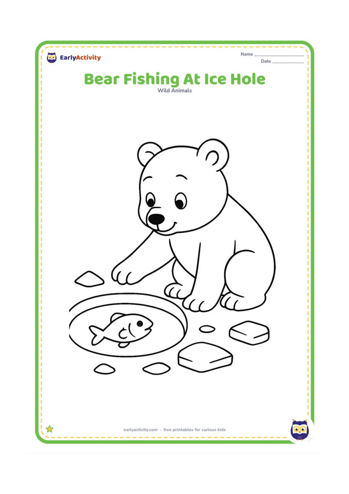 Colouring page: A polar bear kneels beside a round hole in the ice and reaches one paw toward a fish visible below the water, with small ice pieces around the hole.