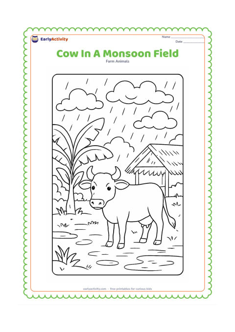 Colouring page: A cow stands in a lush Indian field during a gentle monsoon shower, with broad banana leaves, puddles, a thatched shelter, and layered rain clouds. Show the cow calmly looking toward the…