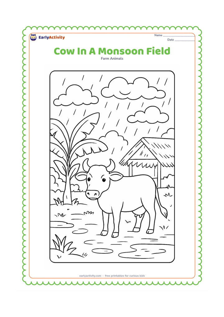Colouring page: A cow stands in a lush Indian field during a gentle monsoon shower, with broad banana leaves, puddles, a thatched shelter, and layered rain clouds. Show the cow calmly looking toward the…