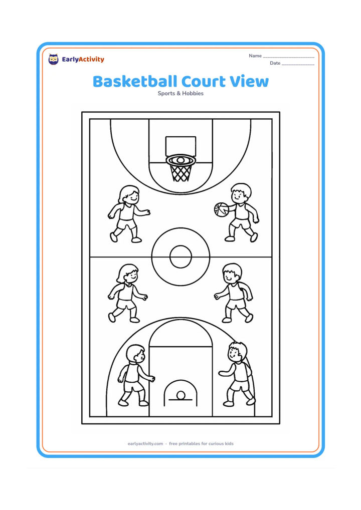 Colouring page: A detailed overhead view of a full basketball court with two hoops, center circle, key areas, boundary lines, curved arcs, and six small players positioned in a friendly practice game.…