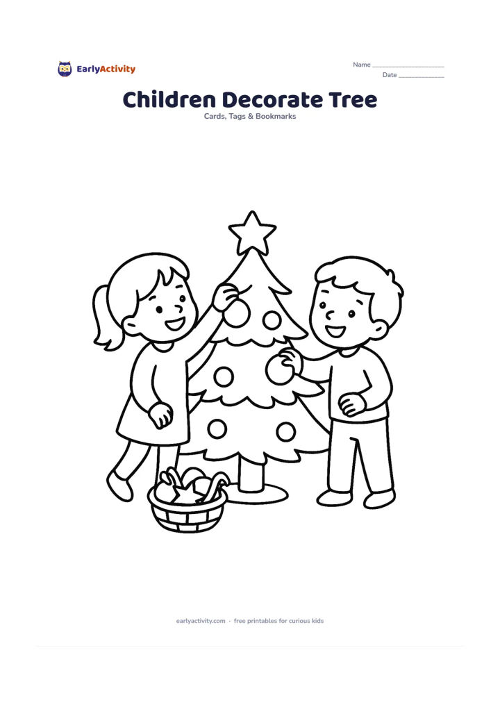 Worksheet: Draw two cheerful children placing large baubles on a small Christmas tree, with a basket of decorations on the floor. Show one child reaching up and the other handing over a bauble.