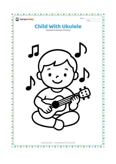 Colouring page: Draw a happy child sitting cross-legged and holding a small ukulele across their lap. Add three large musical notes as decorative shapes without any words or symbols resembling letters.