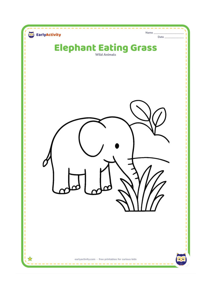 Colouring page: Draw one elephant bending its trunk toward a thick clump of grass. Add two broad leaves and a low, rounded hill behind it.