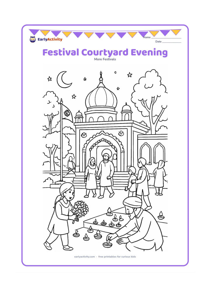 Colouring page: Draw a busy but welcoming gurdwara courtyard at evening, with families arriving, children carrying flowers, volunteers arranging lamps, the Nishan Sahib and a decorated entrance. Include…