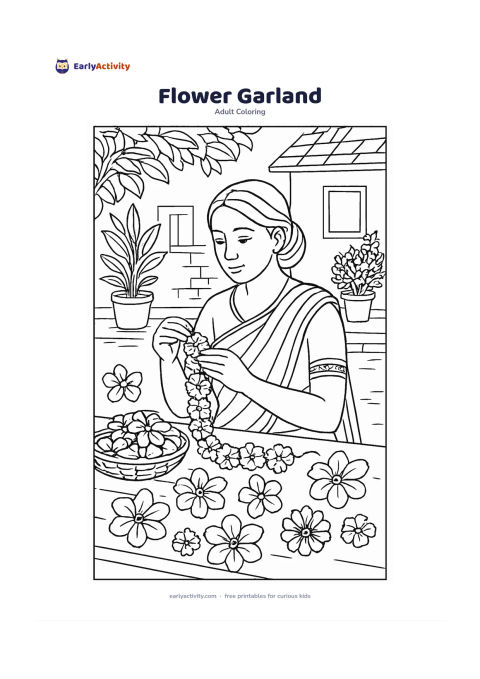Colouring page: Draw a person seated at a table making a flower garland from large jasmine and marigold blooms. Include a shallow basket of flowers, loose blossoms, and a simple home courtyard with…