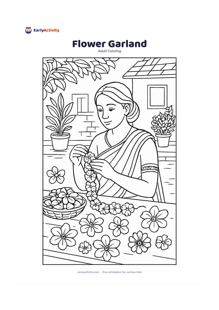 Colouring page: Draw a person seated at a table making a flower garland from large jasmine and marigold blooms. Include a shallow basket of flowers, loose blossoms, and a simple home courtyard with…