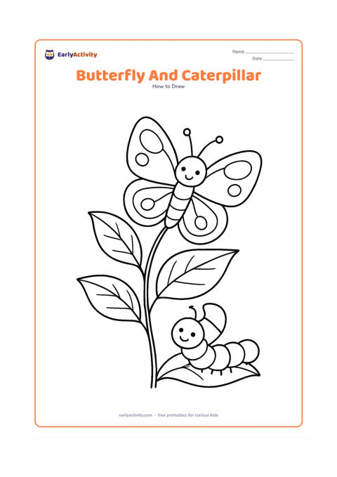 Worksheet: Show a butterfly perched on a leafy plant while a friendly caterpillar crawls along a lower leaf. Include the butterfly's head, body, antennae and open patterned wings, with a few broad…