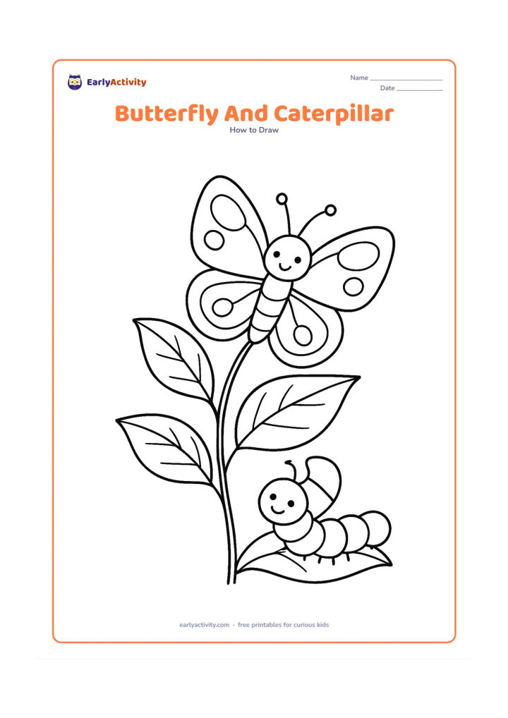 Worksheet: Show a butterfly perched on a leafy plant while a friendly caterpillar crawls along a lower leaf. Include the butterfly's head, body, antennae and open patterned wings, with a few broad…