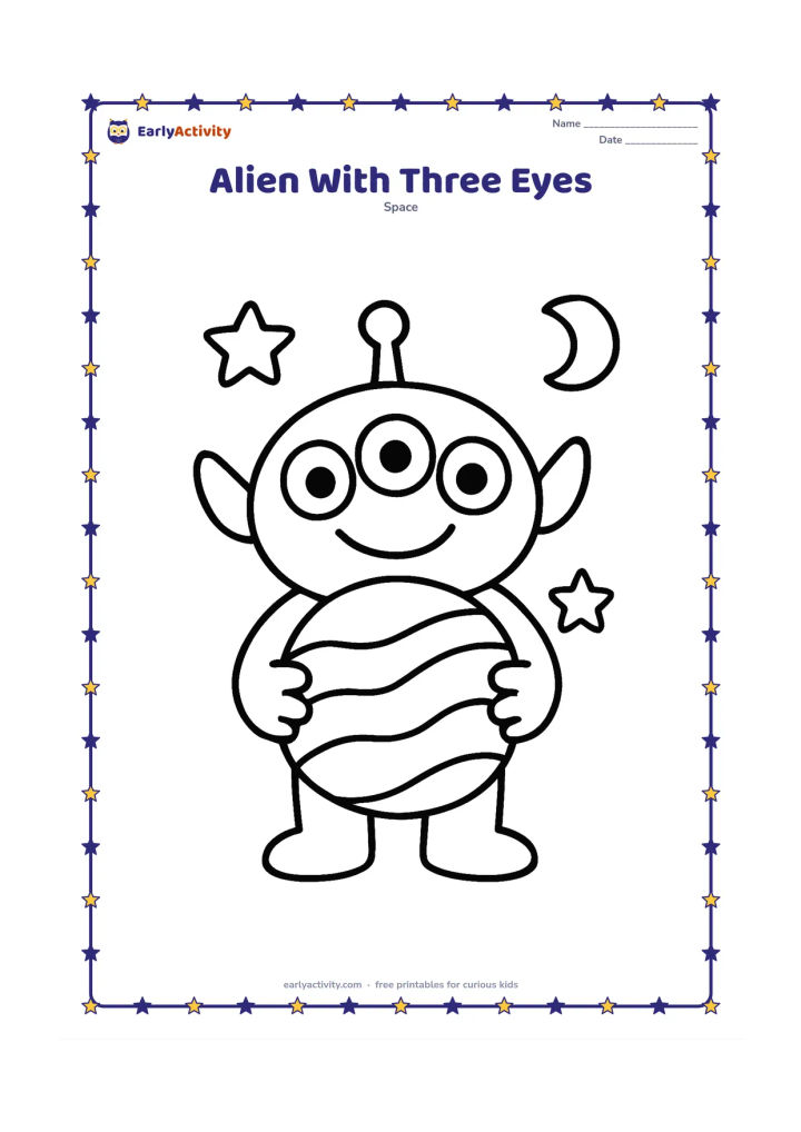 Colouring page: Draw a friendly three-eyed alien smiling and holding a large round planet like a ball. Place two simple stars and a small crescent moon around the character.