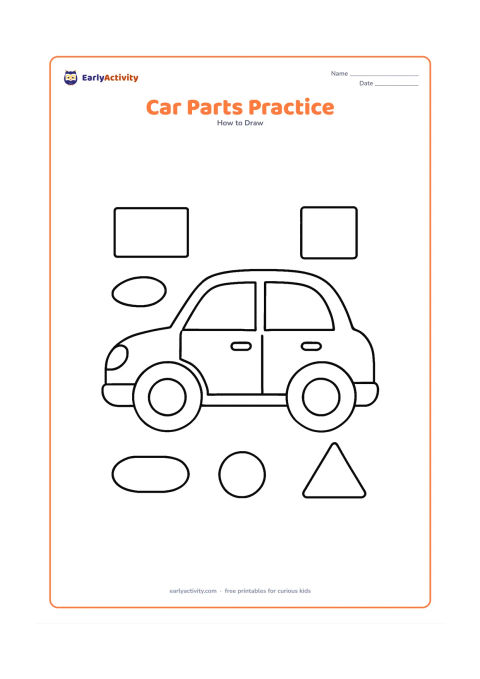 Worksheet: Show one large car outline with clearly separated circles for wheels, rectangles for windows, curved mirrors, headlights, doors and handles. Place a few loose simple shape pieces around…