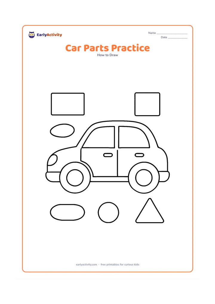 Worksheet: Show one large car outline with clearly separated circles for wheels, rectangles for windows, curved mirrors, headlights, doors and handles. Place a few loose simple shape pieces around…
