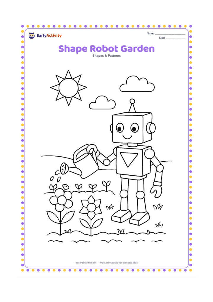 Colouring page: Draw a friendly robot watering a garden, using rectangles, squares, circles and triangles for its body, with geometric flowers and a rectangular watering can. Add a sun, clouds and a…