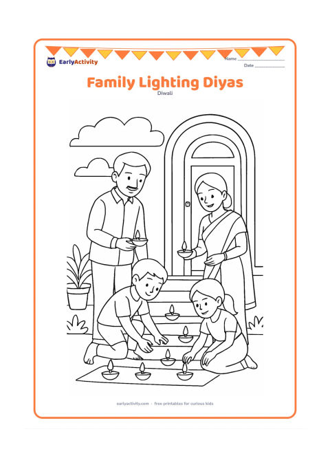 Colouring page: Draw two parents and two children arranging several diyas along the steps of a home at sunset. Include a doorway, potted plants, a low wall and broad clouds in the sky.