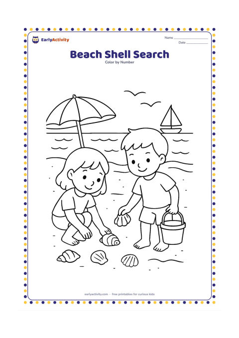 Colouring page: Draw two friends searching for shells along a beach, with one holding a small bucket. Add gentle waves, a sailboat, a sandcastle, a beach umbrella, and seabirds.