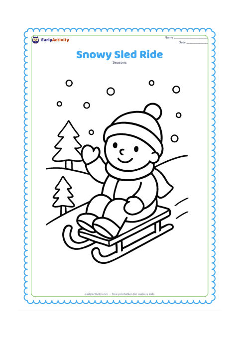 Colouring page: A bundled child sits safely on a simple sled sliding down a gentle snowy hill, with one mittened hand raised. Add two small pine trees and rounded snowflakes.