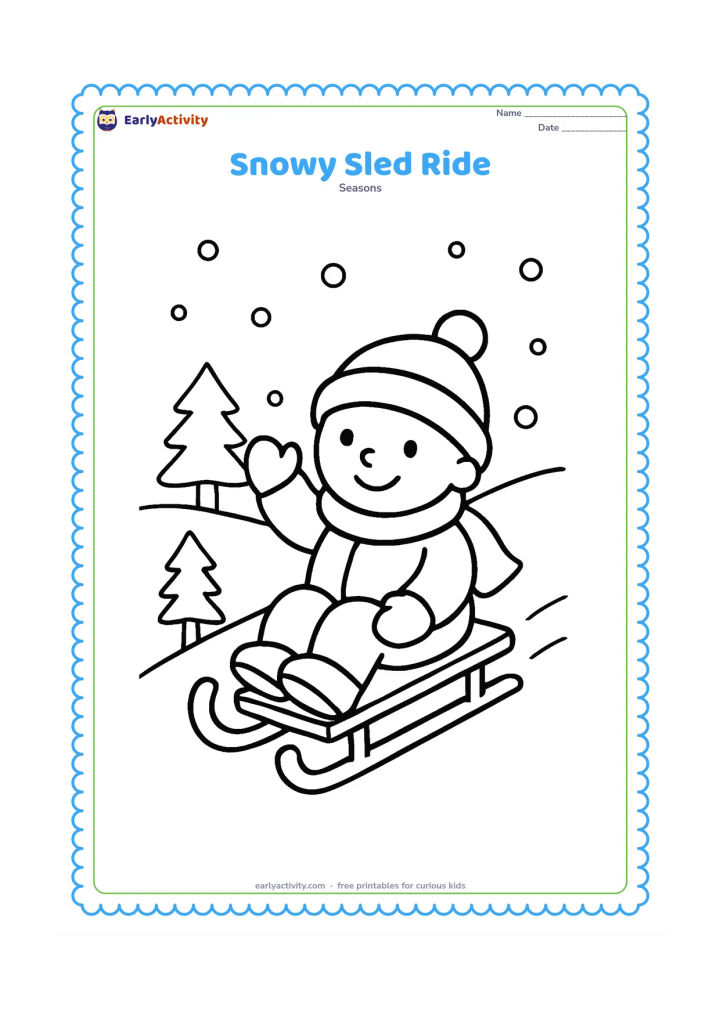 Colouring page: A bundled child sits safely on a simple sled sliding down a gentle snowy hill, with one mittened hand raised. Add two small pine trees and rounded snowflakes.