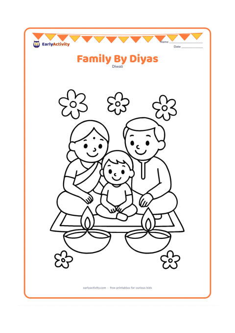 Colouring page: Draw two adults and one child sitting together on the floor beside two large diyas, smiling during a Diwali celebration. Add a simple rug and a few large flower shapes around them.