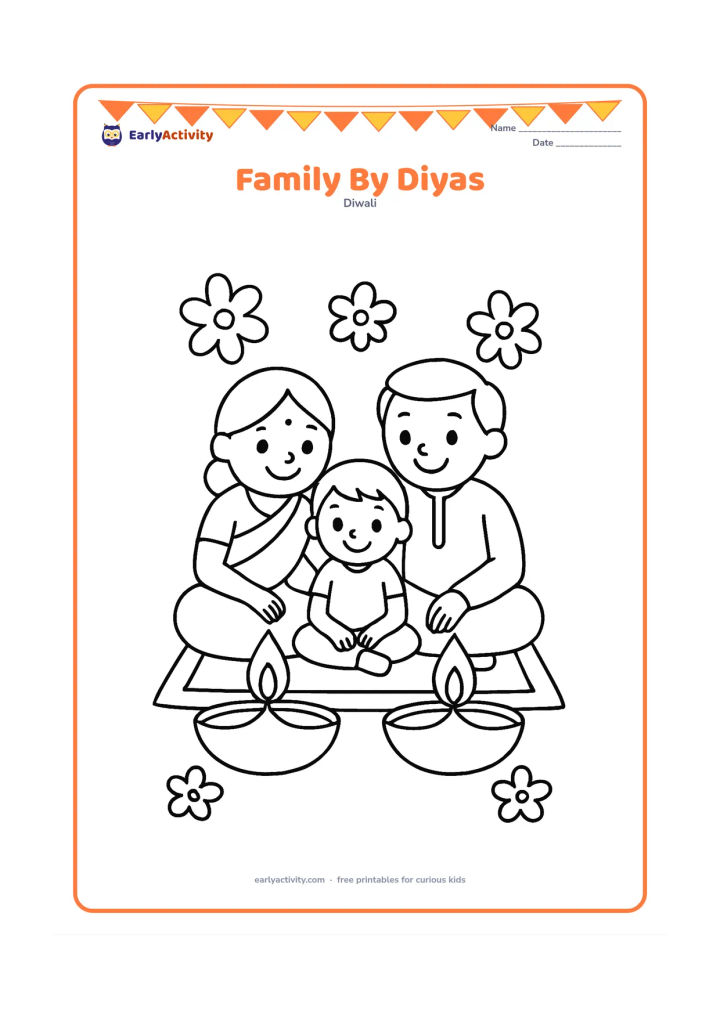 Colouring page: Draw two adults and one child sitting together on the floor beside two large diyas, smiling during a Diwali celebration. Add a simple rug and a few large flower shapes around them.