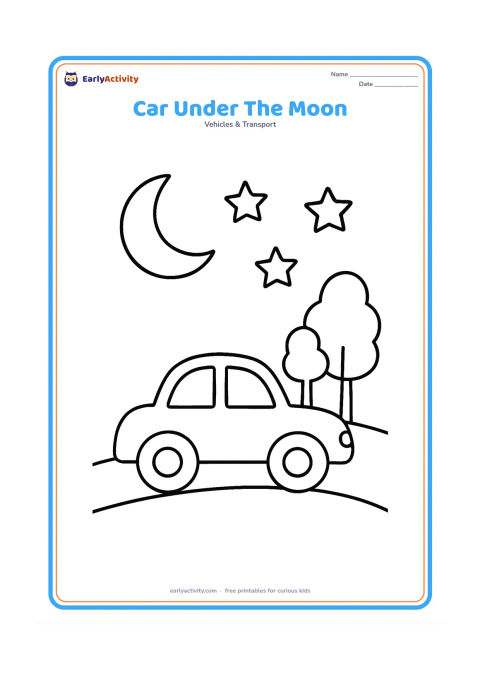Colouring page: Draw a quiet car parked on a gently curved road beneath a large crescent moon, three stars and two simple trees. Show the car in side view with clear windows and wheels.