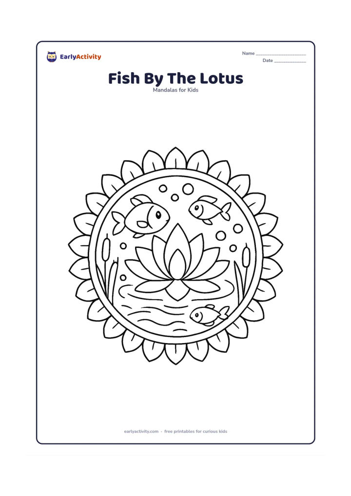 Colouring page: A fish swims around a lotus flower in the centre of a round pond mandala. Add repeated lotus petals, reeds, bubbles, ripples and two smaller fish moving in the opposite direction.