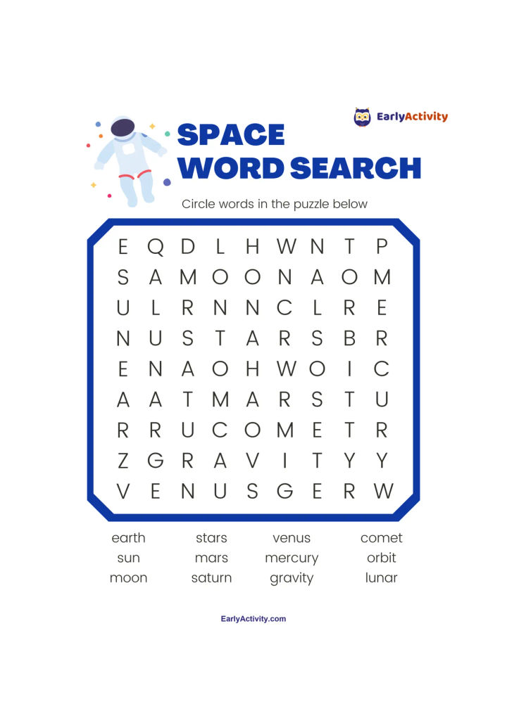 Word search worksheet with a space-themed illustration, a letter grid, and a list of words including planets, stars, gravity, comet, orbit, and lunar.