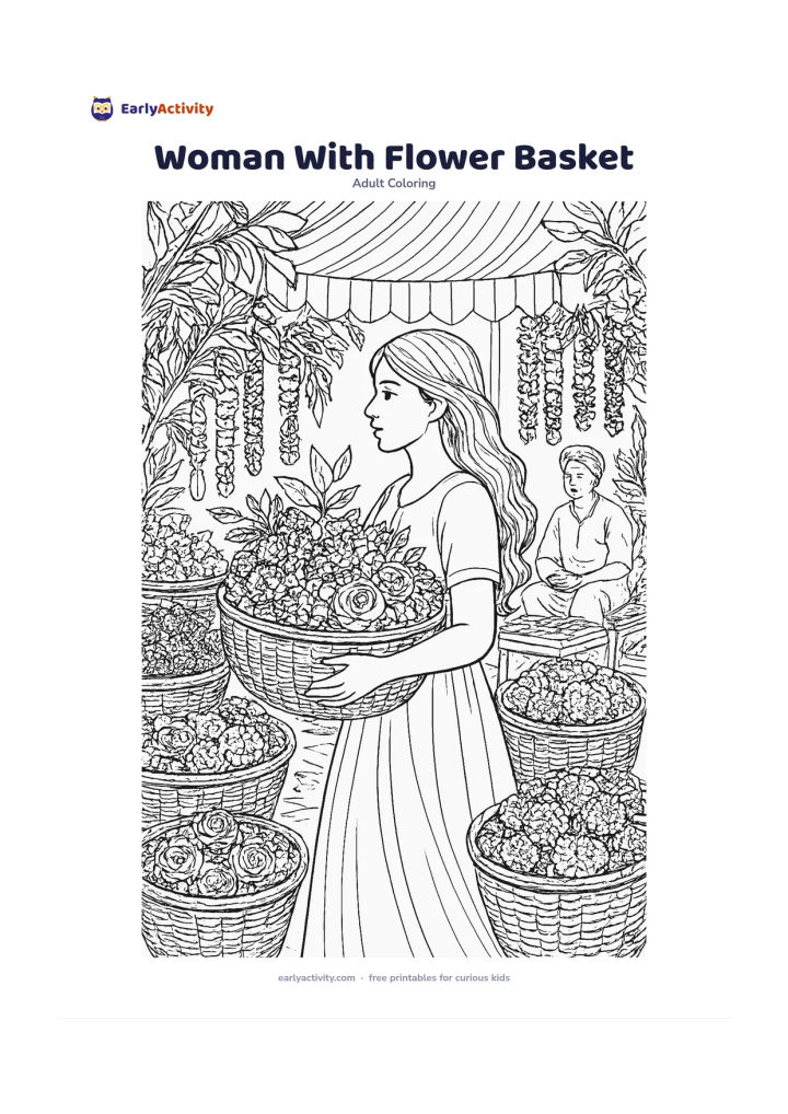 Colouring page: Show a woman walking through a flower market carrying a large woven basket of jasmine, roses, and marigolds. Surround her with additional baskets, garlands, leafy branches, a shaded…
