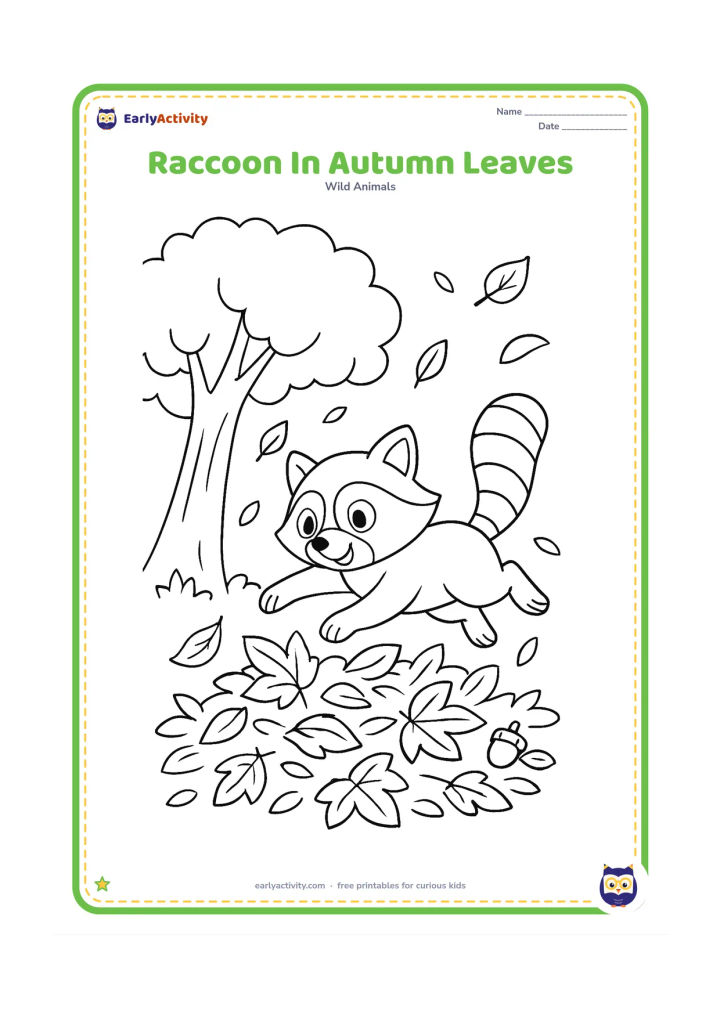 Colouring page: Draw a raccoon leaping playfully through a pile of fallen leaves, with its ringed tail curved upward. Include a large tree, scattered leaves in the air and a small acorn patch.
