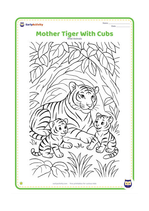 Colouring page: A mother tiger lies protectively in a leafy den while two cubs sit and play beside her. Surround them with layered leaves, roots, grasses, and a hollow beneath a large tree.