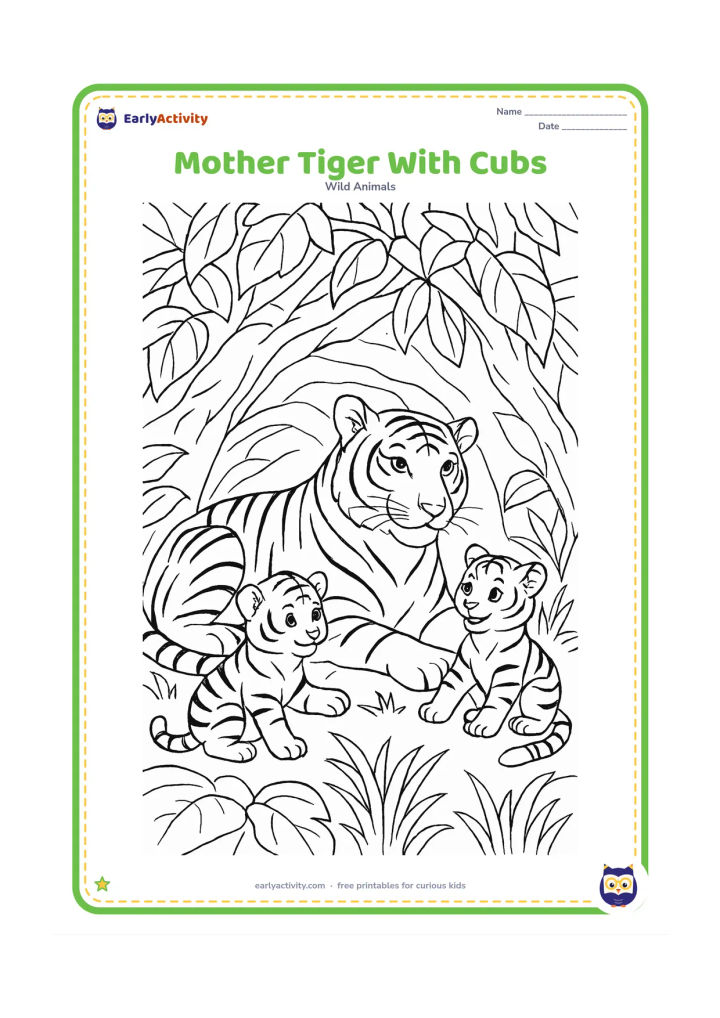 Colouring page: A mother tiger lies protectively in a leafy den while two cubs sit and play beside her. Surround them with layered leaves, roots, grasses, and a hollow beneath a large tree.
