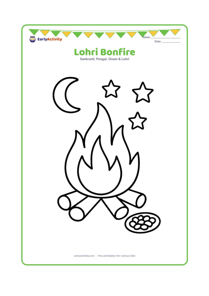 Colouring page: Draw one large bonfire in the centre with tall flames, a few logs, three large stars and a crescent moon above it. Add a small plate of peanuts beside the fire and leave plenty of open…