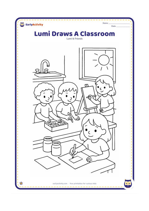 Colouring page: At an art table, Lumi sketches a classroom scene on a blank page while two friends choose crayons and another child paints at an easel. Add jars, paper, a sink and a sunny window.