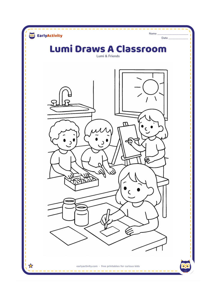 Colouring page: At an art table, Lumi sketches a classroom scene on a blank page while two friends choose crayons and another child paints at an easel. Add jars, paper, a sink and a sunny window.