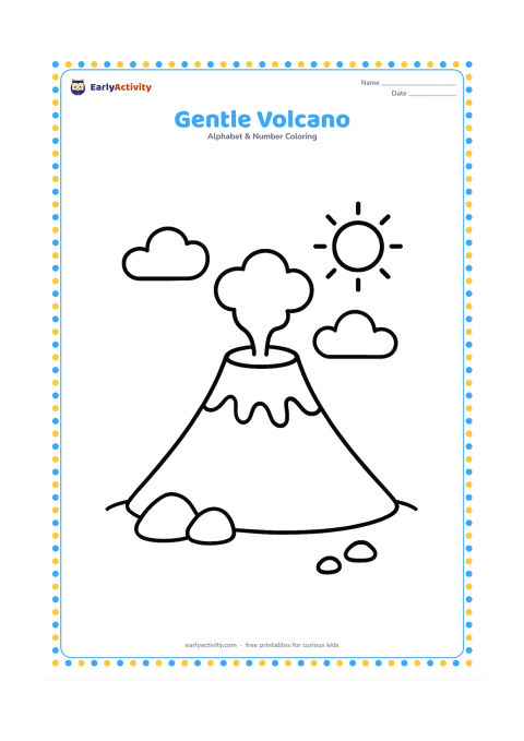 Colouring page: Draw a rounded volcano with a small puff of smoke above the opening, two clouds, and a few rocks at its base. Show a calm landscape with a simple sun in the background.