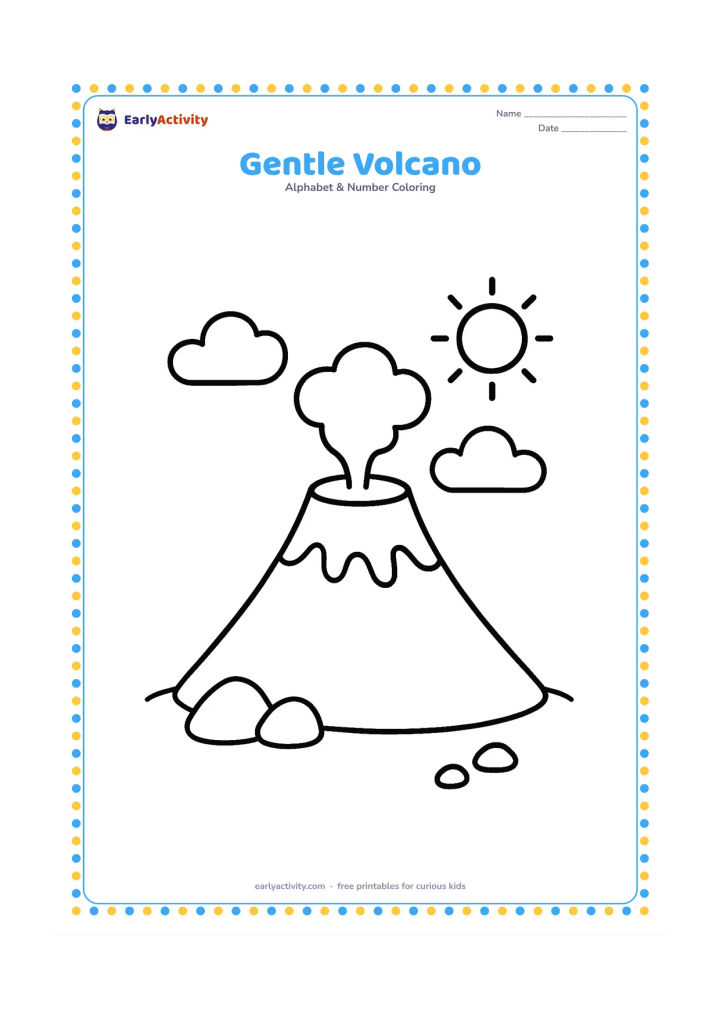 Colouring page: Draw a rounded volcano with a small puff of smoke above the opening, two clouds, and a few rocks at its base. Show a calm landscape with a simple sun in the background.