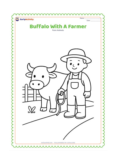 Colouring page: Draw a friendly farmer standing beside a calm buffalo and holding a simple rope loosely. Place them on a broad farm path with a small plant and a low fence.