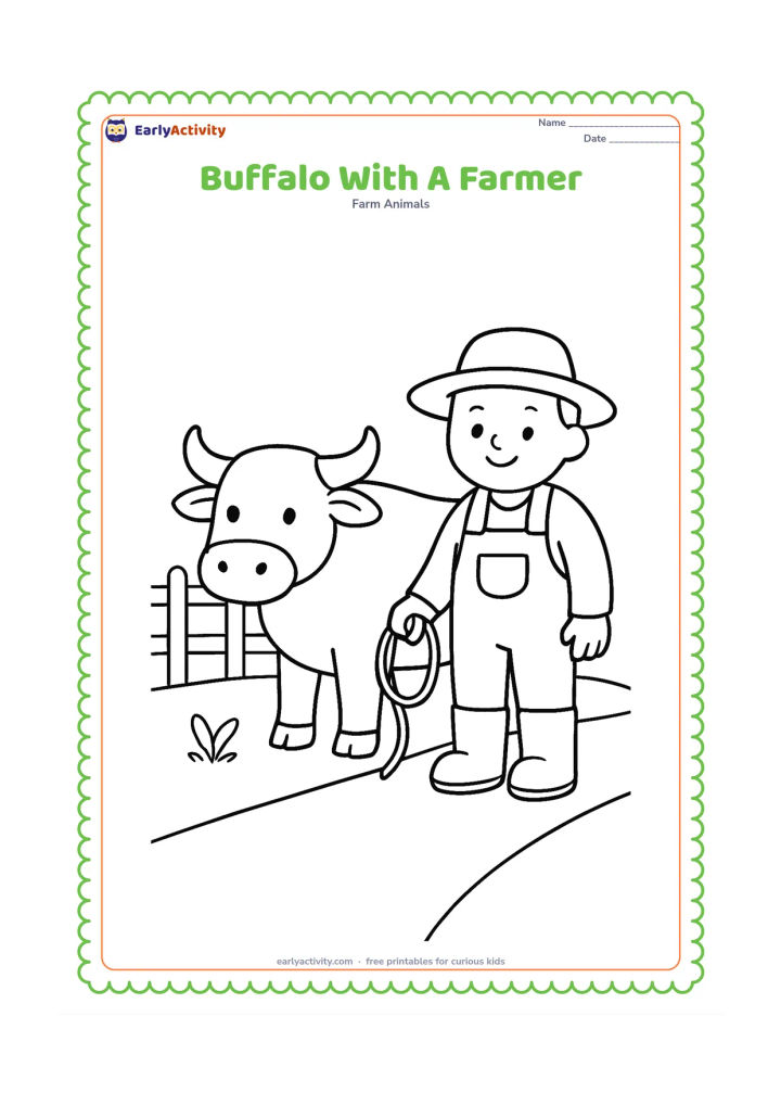 Colouring page: Draw a friendly farmer standing beside a calm buffalo and holding a simple rope loosely. Place them on a broad farm path with a small plant and a low fence.