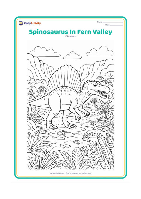 Colouring page: A Spinosaurus walks through a prehistoric valley filled with layered ferns and cycads. Frame the dinosaur with rocky outcrops, a narrow stream, small fish, distant cliffs and its full…
