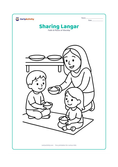 Colouring page: Show two children sitting cross-legged on a mat, receiving simple bowls of langar from a smiling adult volunteer. Include only a few large plates and a low serving table in the background.