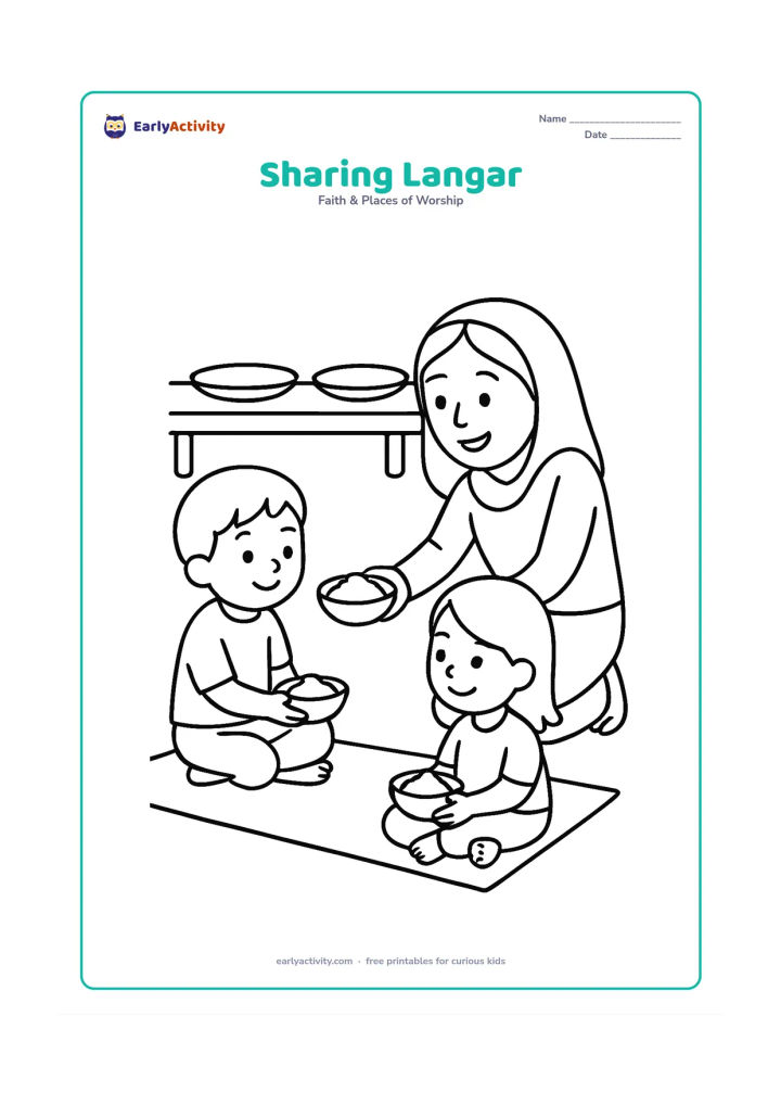 Colouring page: Show two children sitting cross-legged on a mat, receiving simple bowls of langar from a smiling adult volunteer. Include only a few large plates and a low serving table in the background.
