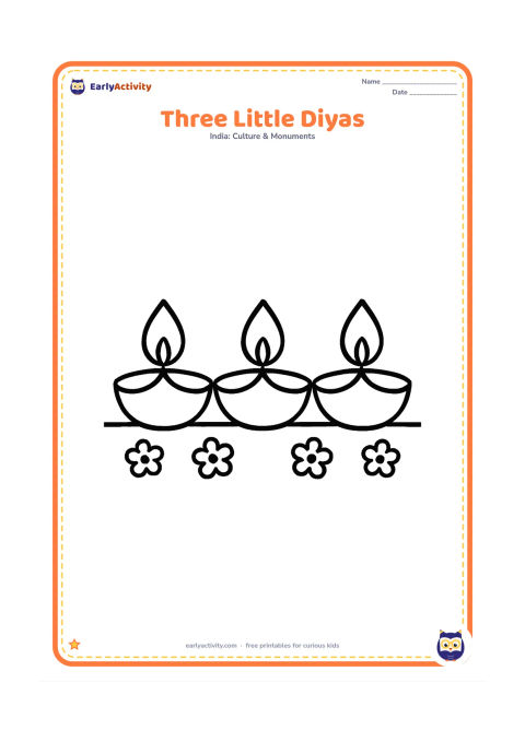 Colouring page: Three evenly spaced diyas in a row, each with a flame, sitting on a simple floor line with small rounded flower shapes between them.