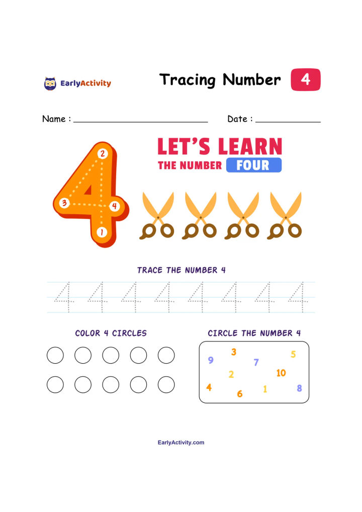 Worksheet showing a large number 4, dotted tracing numbers, circles to colour, and a box of numbers for finding the number 4.