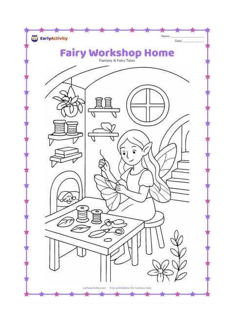 Colouring page: Inside a fairy home, a fairy repairs a wing beside a workbench covered with thread spools, leaves, acorns and flower tools. Include shelves, a round window, hanging plants, a staircase…