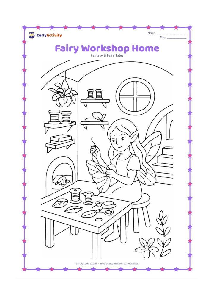 Colouring page: Inside a fairy home, a fairy repairs a wing beside a workbench covered with thread spools, leaves, acorns and flower tools. Include shelves, a round window, hanging plants, a staircase…