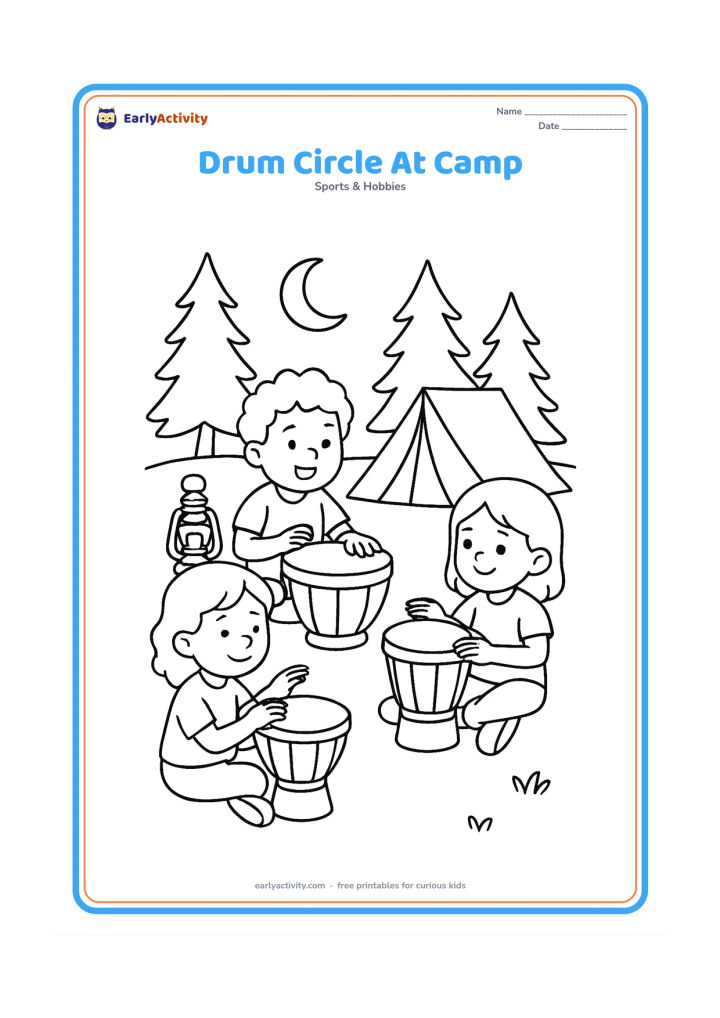 Colouring page: Four children sit in a circle outdoors at dusk, each playing a different hand drum. Place a small tent, lantern and pine trees behind them, with no lettering on the tent.