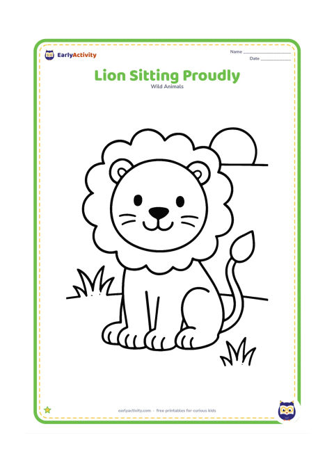 Colouring page: Draw one friendly lion sitting upright with a rounded mane and a long curved tail. Place it on open ground with two tufts of grass and a low sun.